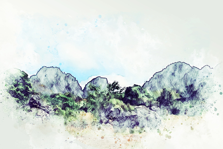 Abstract color mountain peak and tree watercolor illustration painting background.の写真素材