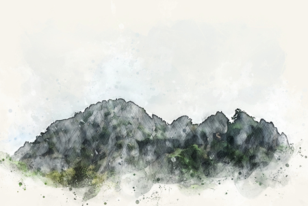 Abstract color mountain peak and tree watercolor illustration painting background.の写真素材