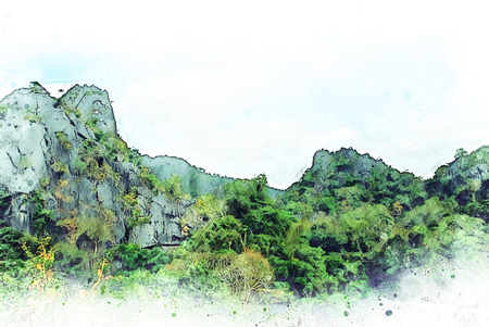 Abstract color mountain peak and tree watercolor illustration painting background.の写真素材