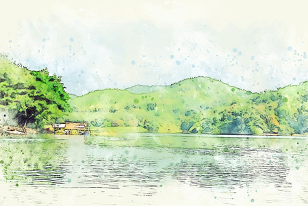 Abstract colorful mountain range and river watercolor illustration painting background.の写真素材