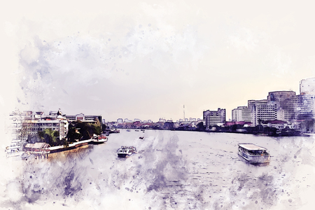 Abstract offices Building in the city on watercolor painting background. City on Digital illustration brush to art.の写真素材