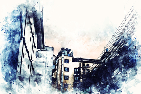 Abstract offices Building in the city on watercolor painting background. City on Digital illustration brush to art.の写真素材