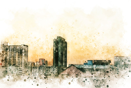 Abstract offices Building in the capital city on watercolor painting background. City on Digital illustration brush to art.の写真素材