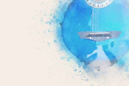 Abstract colorful Acoustic Guitar in the foreground Close up on Watercolor painting background.の写真素材