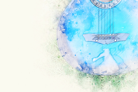 Abstract colorful Acoustic Guitar in the foreground Close up on Watercolor painting background.の写真素材
