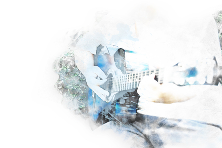 Abstract man guitarist playing acoustic Guitar in the foreground on Watercolor painting background and Digital illustration brush to artの写真素材