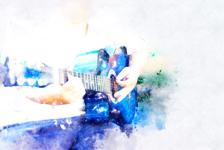 Abstract man guitarist playing acoustic Guitar in the foreground on Watercolor painting background...