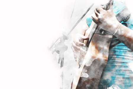 Abstract beautiful playing acoustic Guitar in the foreground on Watercolor painting background and Digital illustration brush to art.の写真素材