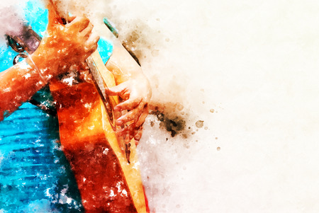 Abstract beautiful playing acoustic Guitar in the foreground on Watercolor painting background and Digital illustration brush to art.の写真素材