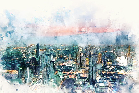 Abstract building in the city on watercolor illustration painting background.の写真素材