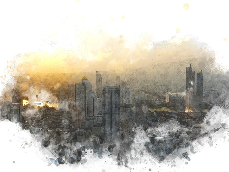 Abstract offices Building in the city on watercolor painting background. City on Digital illustration brush to art.の写真素材
