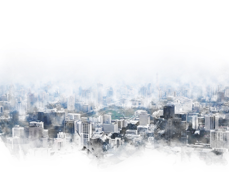 Abstract Beautiful capital city in the sunrise evening on watercolor illustration painting background.の写真素材