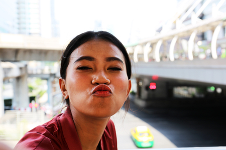 Beautiful Asia woman selfie portrait and traveling in the city.の写真素材