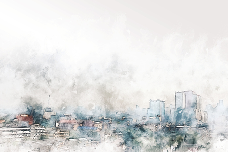 abstract colorful shape cityscape on watercolor illustration painting background.の写真素材
