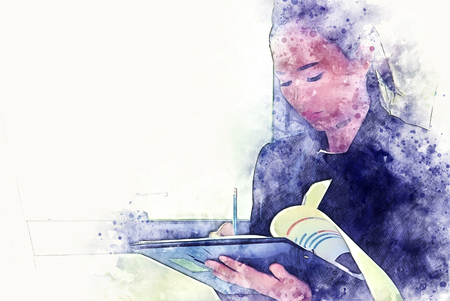 Abstract business woman happy talking and happy on watercolor illustration painting background.の写真素材