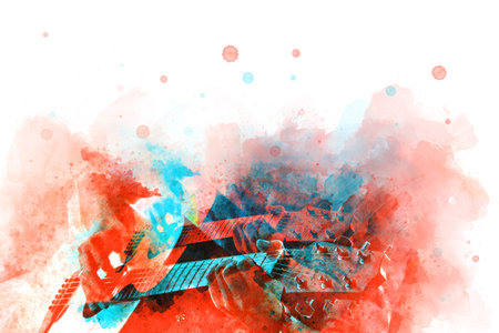 Abstract beautiful playing acoustic Guitar in the foreground on Watercolor painting background and Digital illustration brush to art.の写真素材