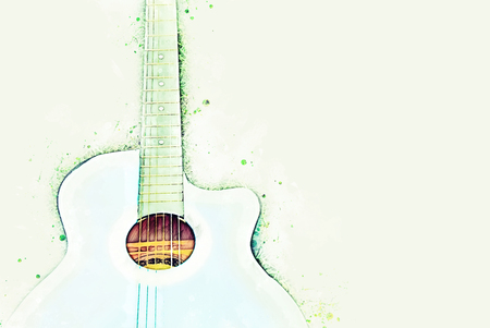 Abstract beautiful playing acoustic Guitar in the foreground on Watercolor painting background and Digital illustration brush to art.の写真素材
