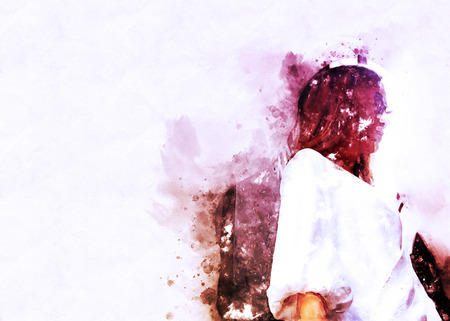 Abstract beautiful woman traveling and walking street in the city on watercolor illustration painting background.の写真素材