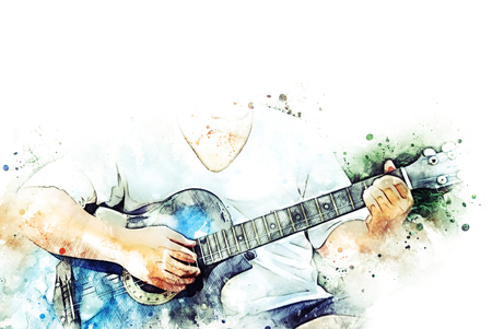Abstract beautiful man playing acoustic Guitar in the foreground on Watercolor painting background and Digital illustration brush to art.の写真素材