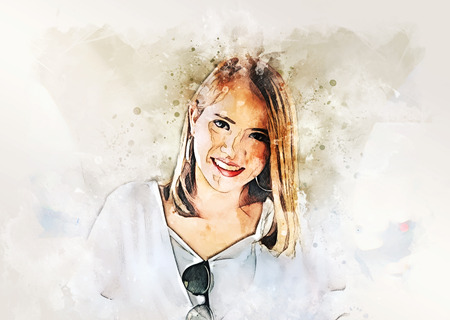 Abstract beautiful woman smile portrait traveling and walking street in the city on watercolor illustration painting background.の写真素材
