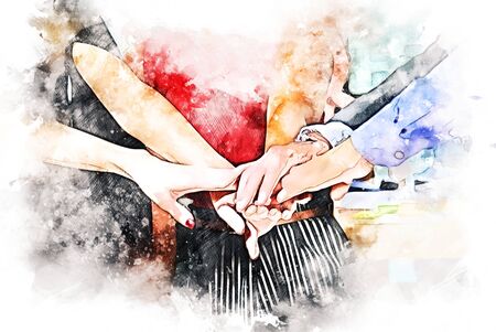 Abstract colorful handshake for business teamwork concept on watercolor illustration painting background.の写真素材