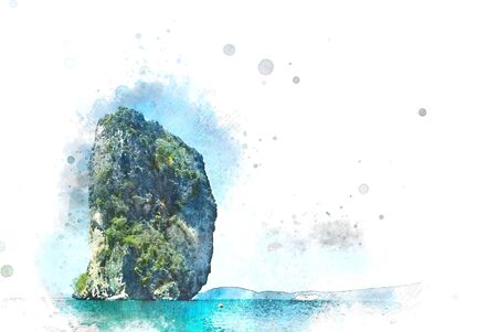 Beautiful Mountain range and sea water in Krabi, Thailand on watercolor illustration painting background.の写真素材