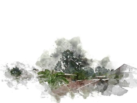Abstract colorful shape tree landscape and house building on watercolor illustration painting background.の写真素材