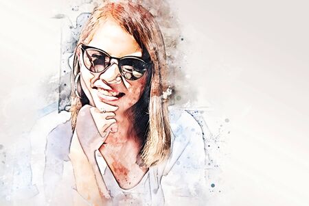 Abstract colorful beautiful Asia women face smile portrait and traveling in city on watercolor illustration painting backgroundの写真素材