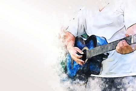 Abstract beautiful playing acoustic Guitar in the foreground on Watercolor painting background and Digital illustration brush to art.の写真素材