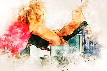 Abstract Business person handshake on watercolor illustration painting background.の写真素材