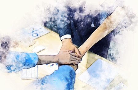 Abstract Join hands business concept and handshake concept on watercolor painting background.