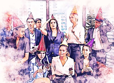Business persons happy new year party in the offices on watercolor illustration painting background.の写真素材
