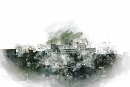 Abstract offices Building in the city on watercolor painting background. City on Digital illustration brush to art.の写真素材