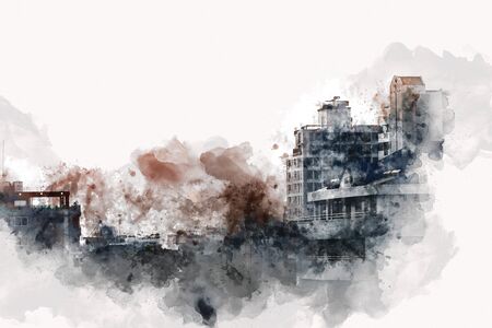Abstract colorful offices building in the city on watercolor painting background. City on Digital illustration brush to art.の写真素材