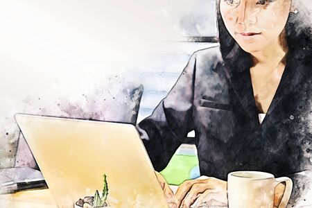 Abstract colorful business woman smile portrait and working in the office on watercolor illustration painting background.の写真素材