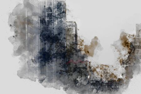Abstract colorful offices building in the city on watercolor painting background. City on Digital illustration brush to art.の写真素材