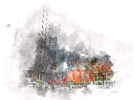 Abstract colorful branch tree and building in the city on watercolor illustration painting background.の写真素材