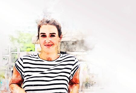 Beautiful young woman smile portrait and relaxation in holiday weekend on watercolor illustration painting background.の写真素材