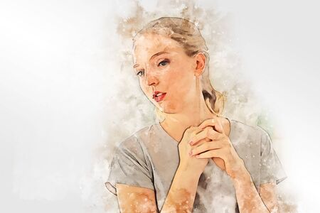 Abstract colorful young woman smile portrait on watercolor illustration painting background.の写真素材