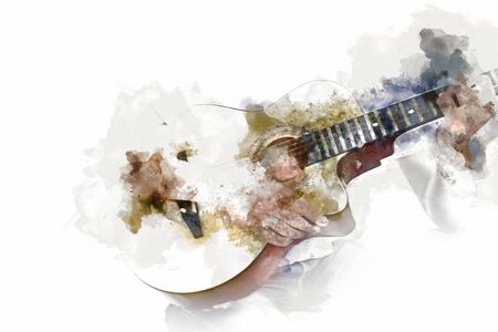 Abstract beautiful man guitarist playing acoustic guitar in the foreground on Watercolor painting background and Digital illustration brush to art.の写真素材