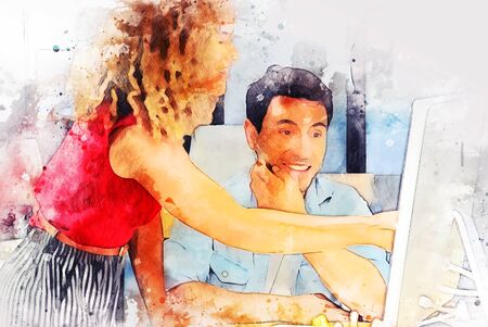 Abstract colorful business partner talking and Discuss work on the desk on watercolor illustration painting background.の写真素材