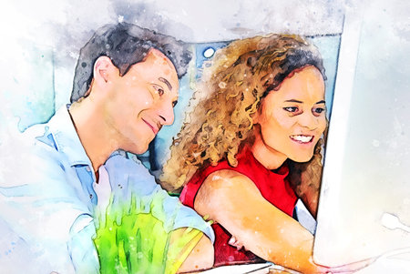 Abstract colorful young couple business partner talking and Discuss work on the desk on watercolor illustration painting background.の写真素材