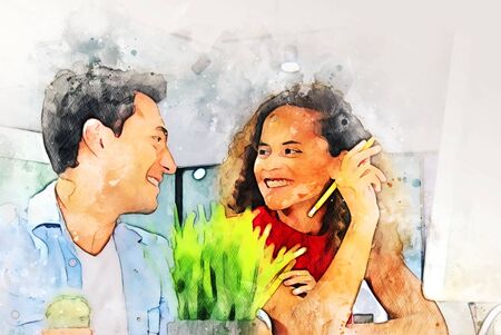 Abstract colorful young couple business partner talking and Discuss work on the desk on watercolor illustration digital painting background.の写真素材