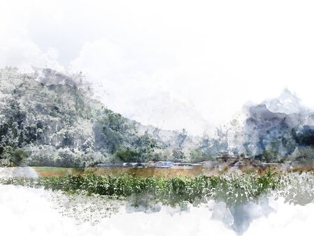 Abstract colorful mountain peak and tree landscape on watercolor illustration painting background.の写真素材