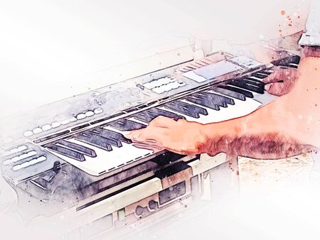 Abstract abstract man playing piano keyboard on watercolor illustration painting background.の写真素材