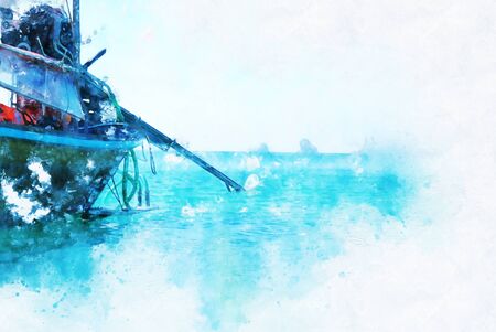 Abstract colorful fishing boat on water sea in Thailand on watercolor illustration painting background.の写真素材