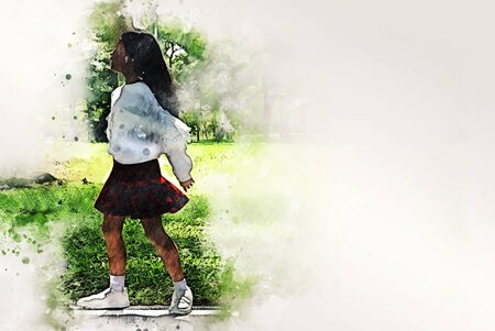 Abstract colorful beautiful kids girl walking street and traveling in the park on watercolor illustration painting background.の写真素材
