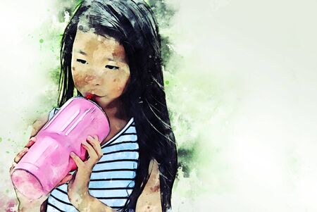 Abstract colorful beautiful kids girl walking street and traveling in the park on watercolor illustration painting background.の写真素材