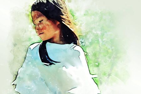 Abstract colorful beautiful kids girl walking street and traveling in the park on watercolor illustration painting background.の写真素材