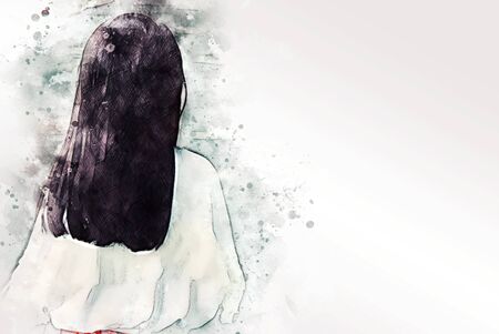 Beautiful kids girl walking street and traveling in the park on watercolor illustration painting background.の写真素材